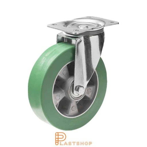 [P2001068] Link wheel without brake, plate, wheel diameter 200 mm, building height 240 mm, hub in aluminum with soft band in ElastoPUR in grön. 400 kg load capacity, double ball bearing