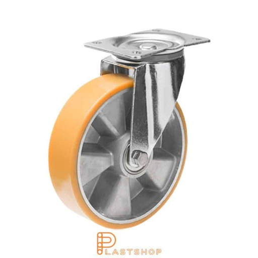 [P2001061] Länkhjul utan broms, platta, hjuldiameter 200 mm, bygghöjd 240 mm, nav i aluminium med mjuk bana i PUR i orange färg. 400 kg bärighet, dubbla kullager