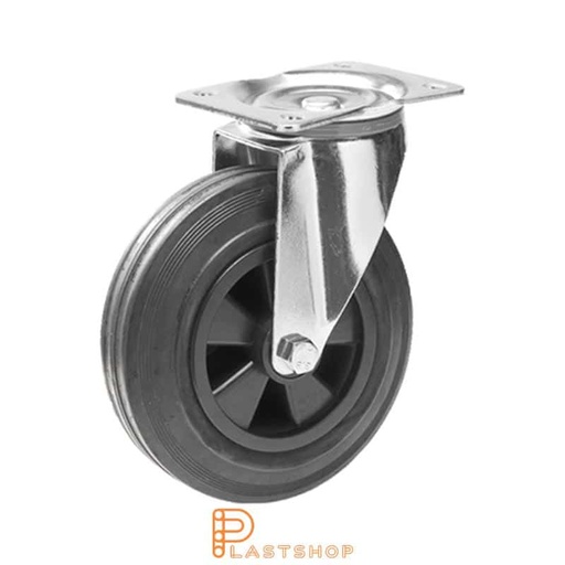 [P2001058] Link wheel without brake, plate, wheel diameter 200 mm, building height 240 mm, hub in PP with soft band in rubber in svart. 205 kg load capacity, roller bearing