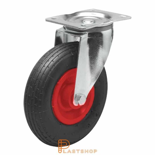 [P2001057] Link wheel without brake, plate, wheel diameter 200 mm, building height 240 mm, hub in PP with soft band in air rubber in röd. 75 kg load capacity, roller bearing