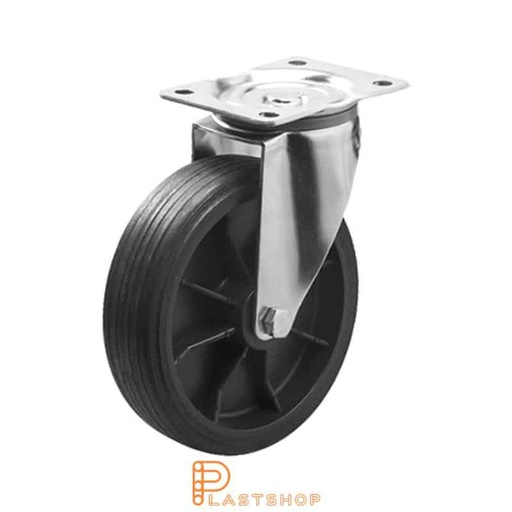 [P2001056] Link wheel without brake, plate, wheel diameter 200 mm, building height 240 mm, hub in PP with soft band in ReGum in svart. 120 kg load capacity, slide bearing