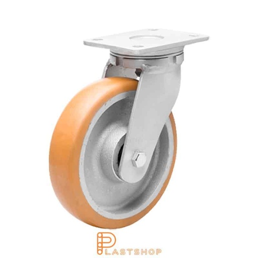 [P2001605] Link wheel without brake, flat, wheel diameter 200 mm, building height 245 mm, hub in cast iron with soft track in ElastoPUR in brun. 800 kg load capacity, double ball bearings