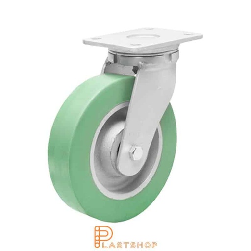 [P2001611] Link wheel without brake, plate, wheel diameter 200 mm, building height 245 mm, hub in cast iron with soft band in ElastoPUR in grön. 700 kg load capacity, double ball bearing