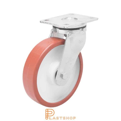 [P2001601] Link wheel without brake, plate, wheel diameter 200 mm, building height 245 mm, hub in PA6 with soft band in PUR in röd. 750 kg load capacity, double ball bearing