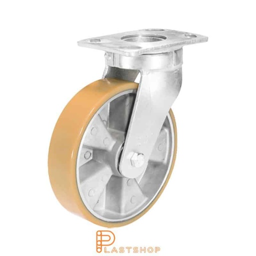 [P2001604] Link wheel without brake, plate, wheel diameter 200 mm, building height 250 mm, hub in aluminum with soft band in PUR in orange. 800 kg load capacity, double ball bearing