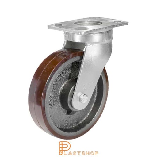 [P2001608] Link wheel without brake, plate, wheel diameter 200 mm, building height 250 mm, hub in cast iron with soft band in PUR in röd. 1000 kg load capacity, double ball bearing