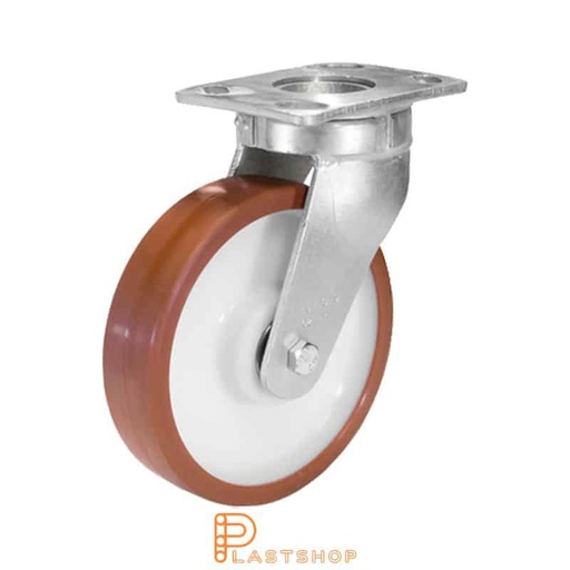 [P2001602] Link wheel without brake, plate, wheel diameter 200 mm, building height 250 mm, hub in PA6 with soft band in PUR in röd. 750 kg load capacity, double ball bearing