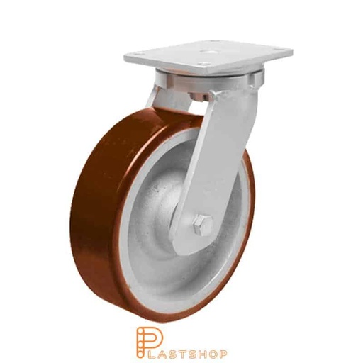 [P2001696] Link wheel without brake, plate, wheel diameter 200 mm, building height 264 mm, hub in cast iron with soft band in PUR in orange. 1400 kg load capacity, double ball bearing