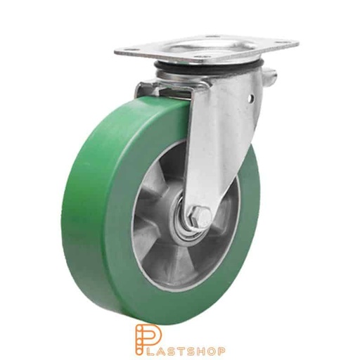 [P2001293] Link wheel without brake, plate, wheel diameter 250 mm, building height 290 mm, hub in aluminum with soft band in ElastoPUR in grön. 400 kg load capacity, double ball bearing