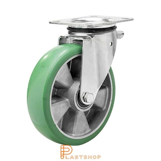 [P2001294] Länkhjul utan broms, platta, hjuldiameter 250 mm, bygghöjd 290 mm, nav i aluminium med mjuk bana i ElastoPUR i grön färg. 400 kg bärighet, dubbla kullager