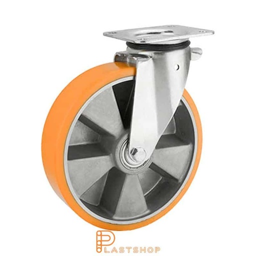 [P2001291] Link wheel without brake, plate, wheel diameter 250 mm, building height 290 mm, hub in aluminum with soft band in PUR in orange. 400 kg load capacity, double ball bearing