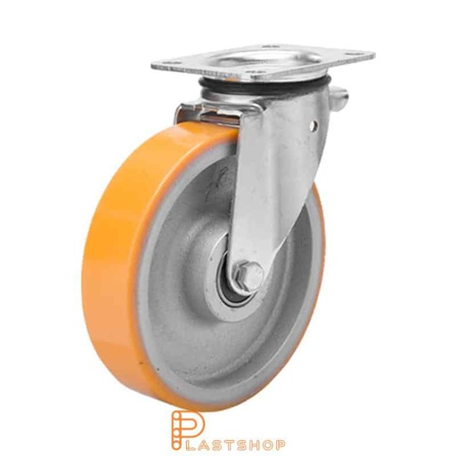 [P2001292] Link wheel without brake, plate, wheel diameter 250 mm, building height 290 mm, hub in cast iron with soft band in PUR in orange. 400 kg load capacity, double ball bearing