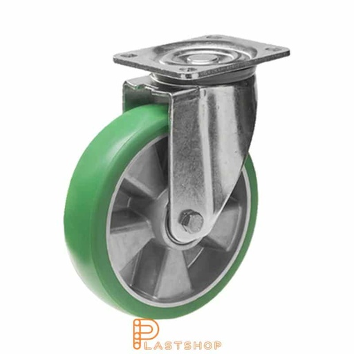 [P2001481] Länkhjul utan broms, platta, hjuldiameter 250 mm, bygghöjd 292 mm, nav i aluminium med mjuk bana i ElastoPUR i grön färg. 750 kg bärighet, dubbla kullager