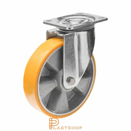 [P2001477] Länkhjul utan broms, platta, hjuldiameter 250 mm, bygghöjd 292 mm, nav i aluminium med mjuk bana i PUR i orange färg. 800 kg bärighet, dubbla kullager