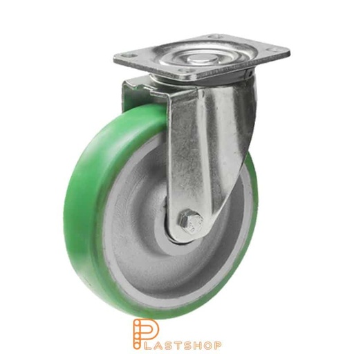 [P2001482] Link wheel without brake, plate, wheel diameter 250 mm, building height 292 mm, hub in cast iron with soft band in ElastoPUR in grön. 750 kg load capacity, double ball bearing