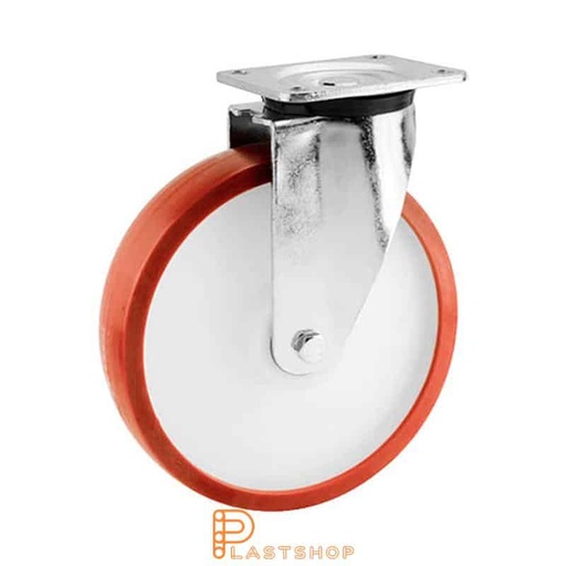 [P2001476] Link wheel without brake, plate, wheel diameter 250 mm, building height 292 mm, hub in PA6 with soft band in PUR in röd. 750 kg load capacity, double ball bearing