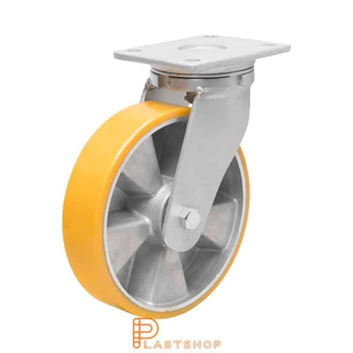 [P2001632] Link wheel without brake, plate, wheel diameter 250 mm, building height 300 mm, hub in aluminum with soft band in PUR in orange. 1000 kg load capacity, double ball bearing