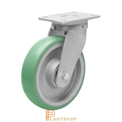 [P2001635] Link wheel without brake, plate, wheel diameter 250 mm, building height 300 mm, hub in cast iron with soft band in ElastoPUR in grön. 750 kg load capacity, double ball bearing