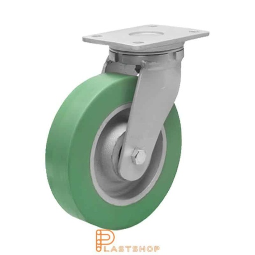 [P2001636] Länkhjul utan broms, platta, hjuldiameter 250 mm, bygghöjd 300 mm, nav i gjutjärn med mjuk bana i ElastoPUR i grön färg. 750 kg bärighet, dubbla kullager