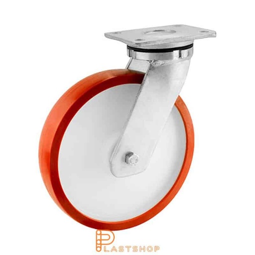 [P2001631] Link wheel without brake, plate, wheel diameter 250 mm, building height 300 mm, hub in PA6 with soft band in PUR in röd. 750 kg load capacity, double ball bearing