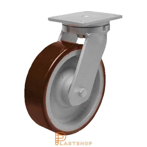 [P2001704] Länkhjul utan broms, platta, hjuldiameter 300 mm, bygghöjd 365 mm, nav i gjutjärn med mjuk bana i PUR i orange färg. 2200 kg bärighet, dubbla kullager