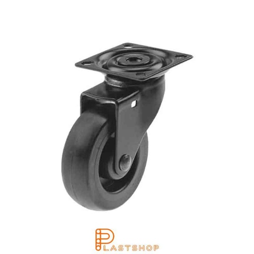 [P2000158] Link wheel without brake, plate, wheel diameter 75 mm, building height 99 mm, hub in PP with soft band in PUR in svart. 55 kg load capacity, slide bearing