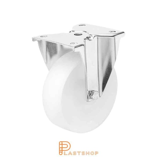 [P2001112] Soporte fijo inoxidable, plato, diámetro de la rueda 100 mm, altura de construcción 128 mm, rueda dura en PA6 macizo, 150 kg de carga, cojinete deslizante