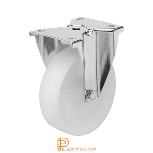 [P2001173] Rostfri fast bygel, platt, hjuldiameter 200 mm, byggehøyde 240 mm, hardt hjul i massiv PA6, 400 kg bæreevne, glidelager