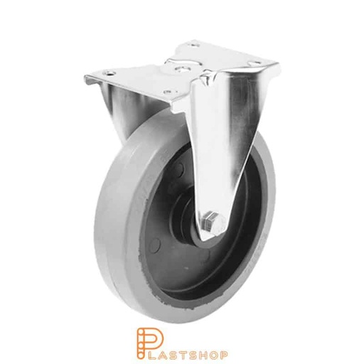[P2001184] Stainless steel fixed bracket, flat, wheel diameter 200 mm, building height 240 mm, hub in PA6 with soft track in ElastoGum in grå. 400 kg load capacity, slide bearings