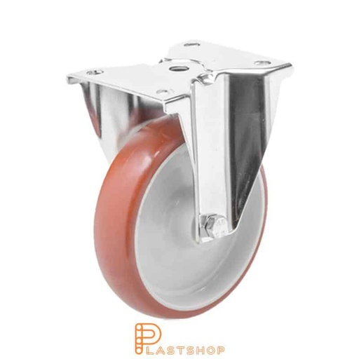 [P2001179] Stainless steel fixed bracket, flat, wheel diameter 200 mm, building height 240 mm, hub in PA6 with soft track in PUR in röd. 380 kg load capacity, slide bearings