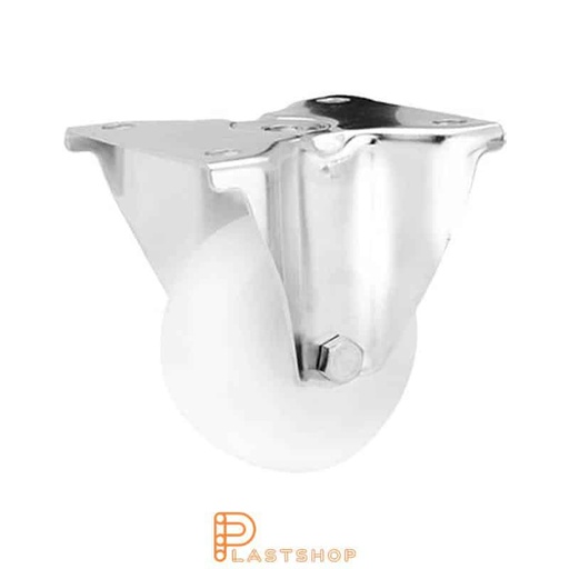 [P2001101] Stainless steel fixed bracket, flat, wheel diameter 80 mm, building height 108 mm, hard wheel in solid PA6, 150 kg load capacity, slide bearings