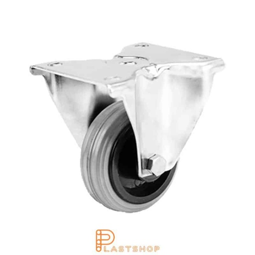 [P2001102] Stainless steel fixed bracket, flat, wheel diameter 80 mm, building height 108 mm, hub in PP with soft track in rubber in grå. 50 kg load capacity, slide bearings