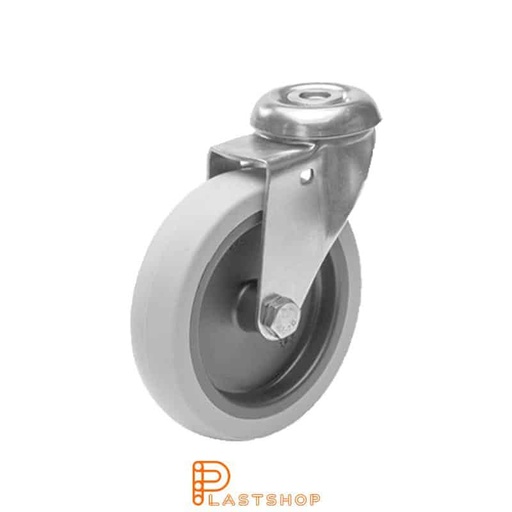 [P2000184] Stainless steel link wheel without brake, center hole, wheel diameter 100 mm, building height 120 mm, hub in PP with soft track in TPE in grå. 55 kg load capacity, slide bearings