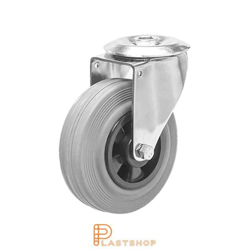 [P2000919] Stainless steel link wheel without brake, center hole, wheel diameter 125 mm, building height 155 mm, hub in PP with soft track in rubber in grå. 100 kg load capacity, slide bearings