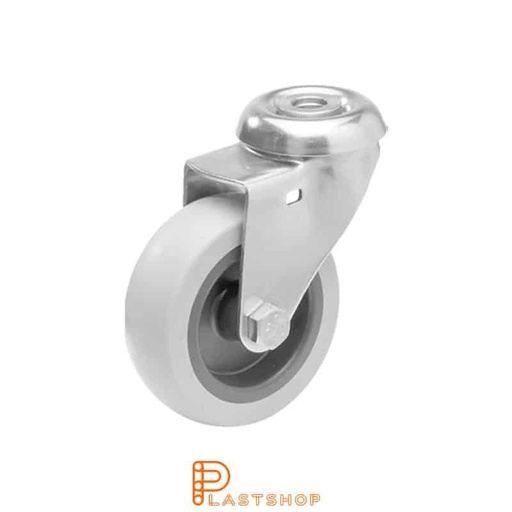 [P2000126] Stainless steel link wheel without brake, center hole, wheel diameter 75 mm, building height 98 mm, hub in PP with soft track in TPE in grå. 55 kg load capacity, slide bearings