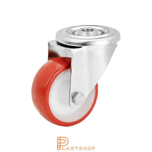 [P2000805] Rostfritt länkhjul utan broms, centrumhål, hjuldiameter 80 mm, bygghöjd 108 mm, nav i PA6 med mjuk bana i PUR i röd färg. 120 kg bärighet, glidlager