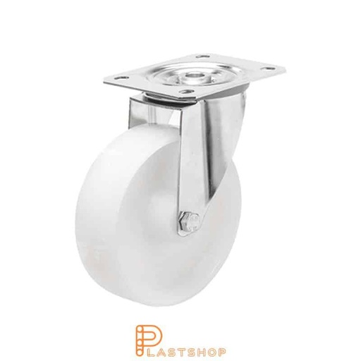 [P2000878] Stainless steel link wheel without brake, flat, wheel diameter 100 mm, building height 128 mm, hard wheel in solid PA6, 200 kg load capacity, slide bearings