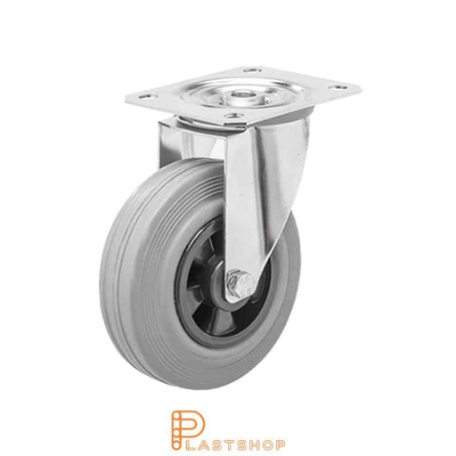 [P2000883] Stainless steel link wheel without brake, flat, wheel diameter 100 mm, building height 128 mm, hub in PP with soft track in rubber in grå. 70 kg load capacity, slide bearing