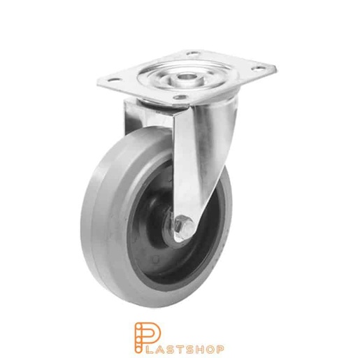 [P2000956] Stainless steel link wheel without brake, flat, wheel diameter 125 mm, building height 155 mm, hub in PA6 with soft track in ElastoGum in grå. 200 kg load capacity, slide bearings