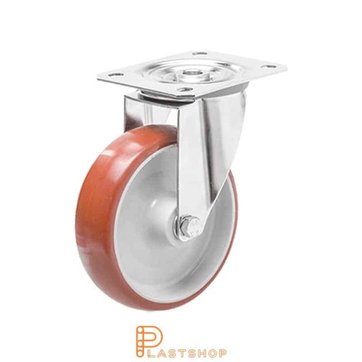 [P2000950] Stainless steel link wheel without brake, flat, wheel diameter 125 mm, building height 155 mm, hub in PA6 with soft track in PUR in röd. 200 kg load capacity, slide bearings