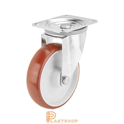 [P2001010] Stainless steel link wheel without brake, flat, wheel diameter 160 mm, building height 200 mm, hub in PA6 with soft track in PUR in röd. 320 kg load capacity, slide bearings