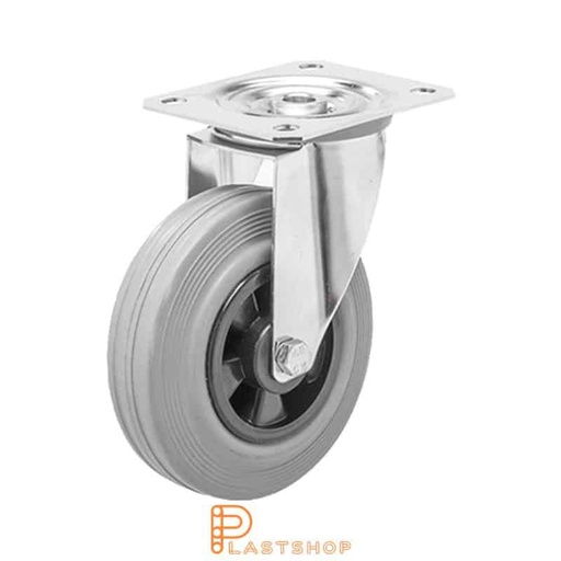 [P2001055] Rostfritt länkhjul utan broms, platta, hjuldiameter 200 mm, bygghöjd 240 mm, nav i PP med mjuk bana i gummi i grå färg. 205 kg bärighet, glidlager