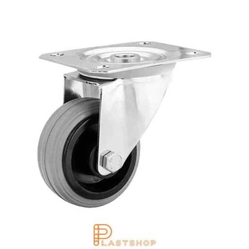[P2000824] Stainless steel link wheel without brake, flat, wheel diameter 80 mm, building height 108 mm, hub in PP with soft track in rubber in grå. 50 kg load capacity, slide bearing