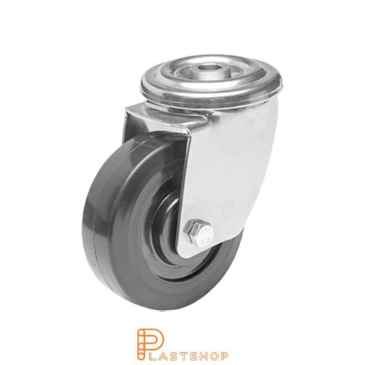 [P2000850] Stainless steel heat-resistant link wheel without brake, center hole, wheel diameter 100 mm, building height 128 mm, hub in phenolic with soft track in TermoGum in svart. 120 kg load capacity, slide bearing