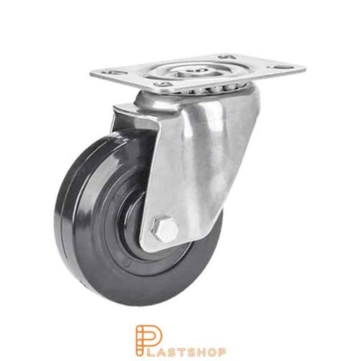 [P2000885] Stainless steel heat-resistant link wheel without brake, flat, wheel diameter 100 mm, building height 128 mm, hub in phenolic with soft track in TermoGum in svart. 120 kg load capacity, slide bearing