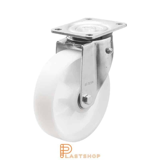 [P2001461] Rueda de retorno, placa, diámetro de la rueda 200 mm, altura de construcción 239 mm, rueda dura de PA6 maciza, 500 kg de carga, cojinete deslizante