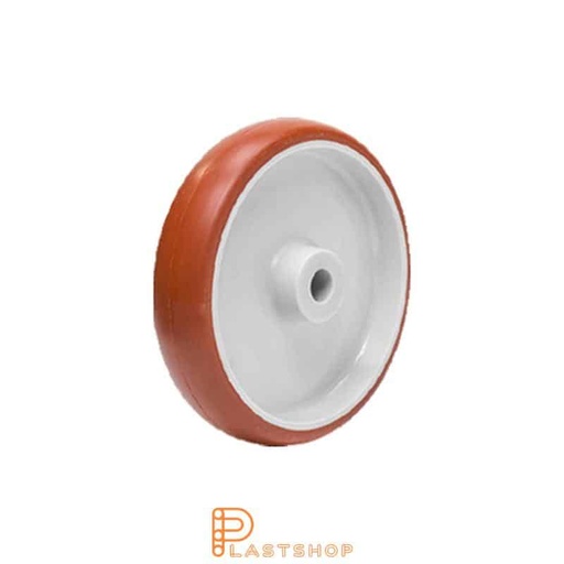 [P2002082] Hjul 100 mm, 170 kg bæreevne, med nav i PA6 og myk bane i PUR i rød farge, glidelager