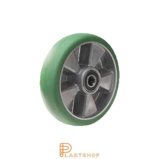 [P2002169] Hjul 100 mm, 350 kg bärighet, med nav i aluminium och mjuk bana i ElastoPUR i grön färg, dubbla kullager