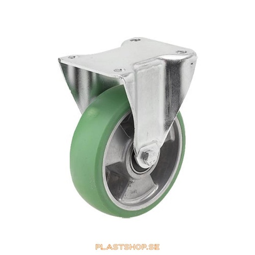 [P2005121] Fixed bracket, plate, wheel diameter 100 mm, building height 130 mm, hub in Aluminium with soft track in Elastiskt Polyuretan, grön färg. 200 kg load capacity, dubbla ball bearings