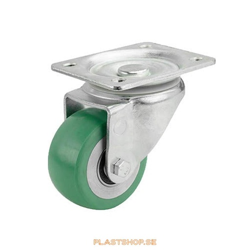 [P2005138] Link wheel, without brake, plate, wheel diameter 80 mm, building height 111 mm, hub in Aluminium with soft track in Elastiskt Polyuretan, grön färg. 200 kg load capacity, dubbla ball bearings